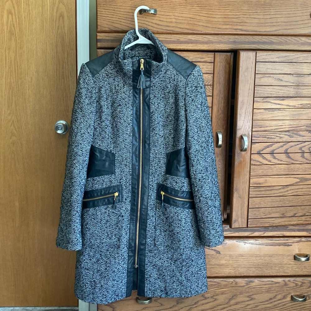 Via Spiga Tweed Wool Blend with Faux Leather Panels Coat M